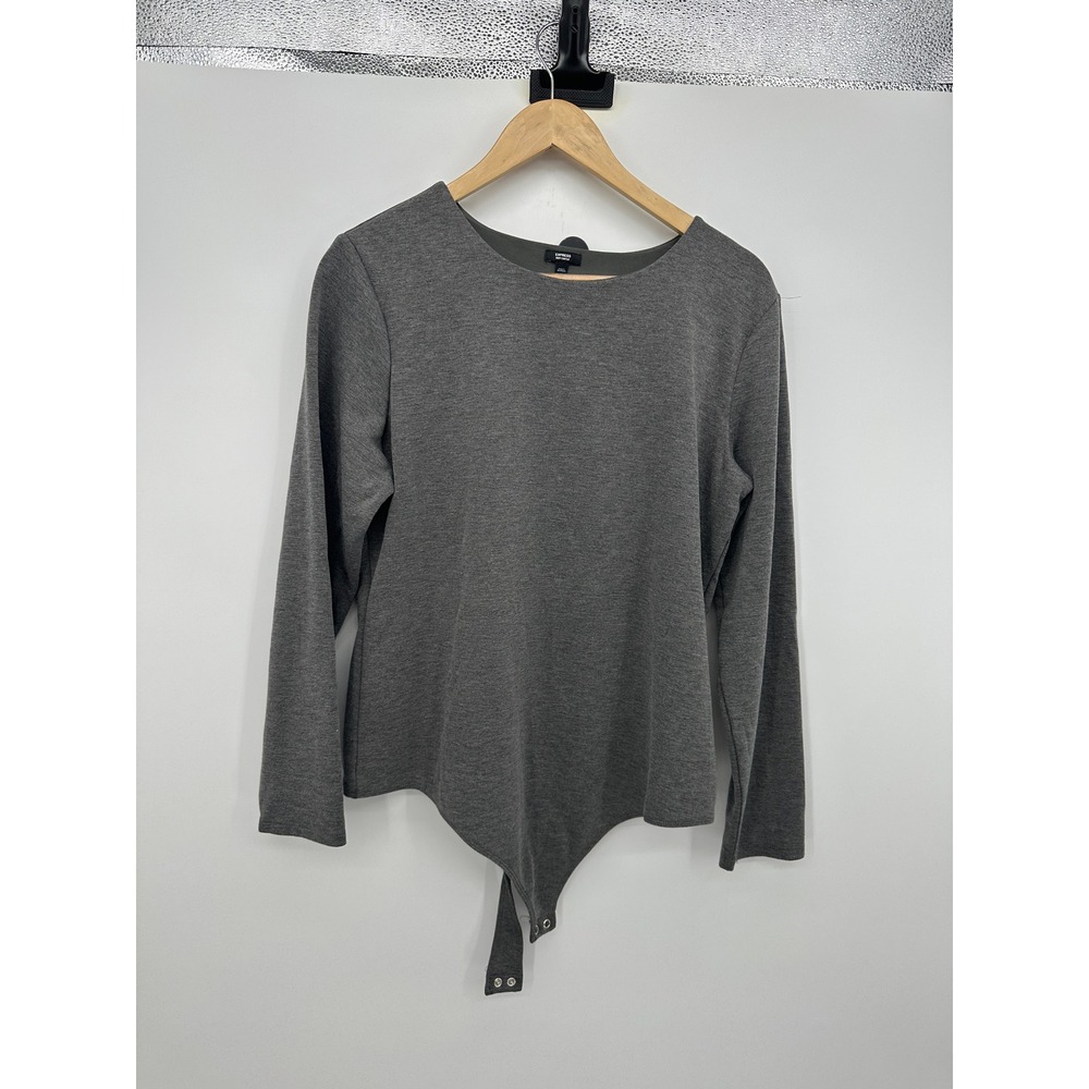 Express Body Contour Long Sleeve Bodysuit XL Gray Crew Neck Snap‎ Closure